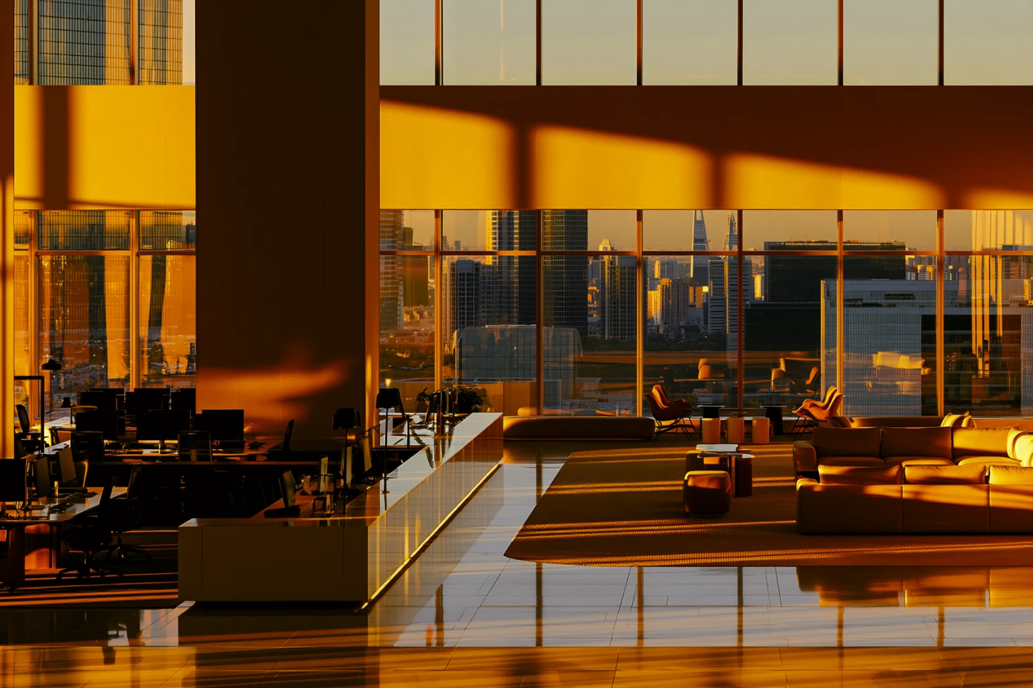 Enterprise office floor overlooking a city skyline at golden hour
