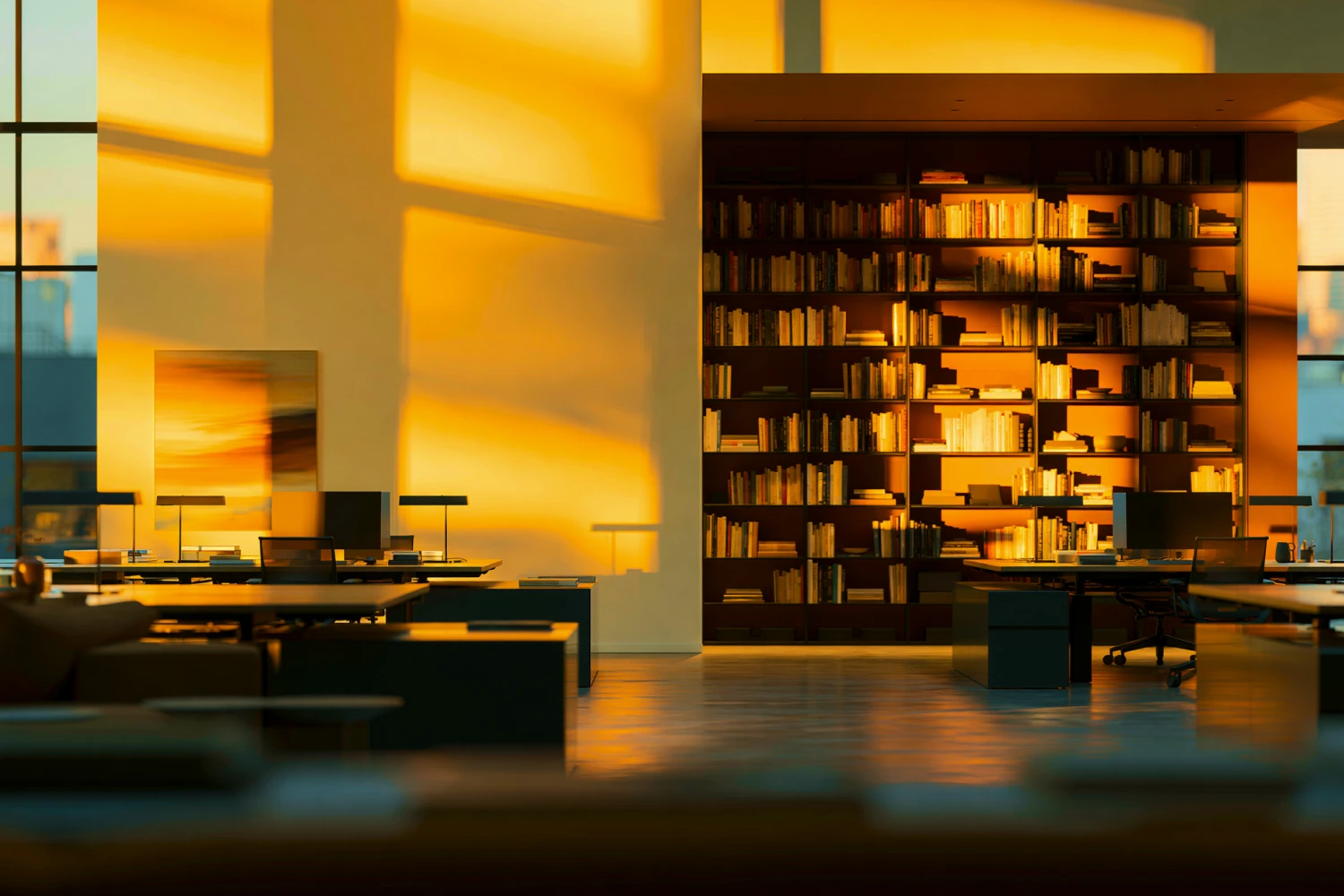 Modern open office with bookshelf and workstations in golden light