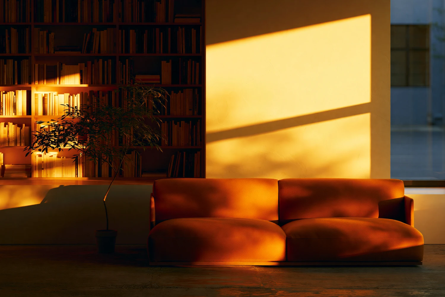 Sunlit lounge with a sofa and bookshelf in warm evening light
