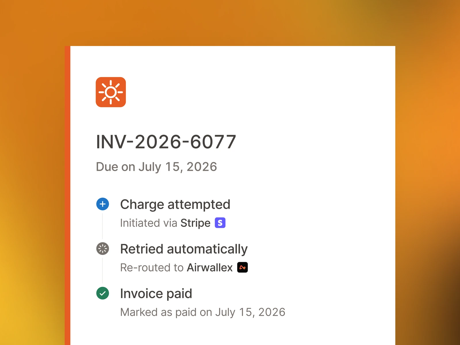 Invoice payment timeline retrying a failed Stripe charge via Airwallex until paid