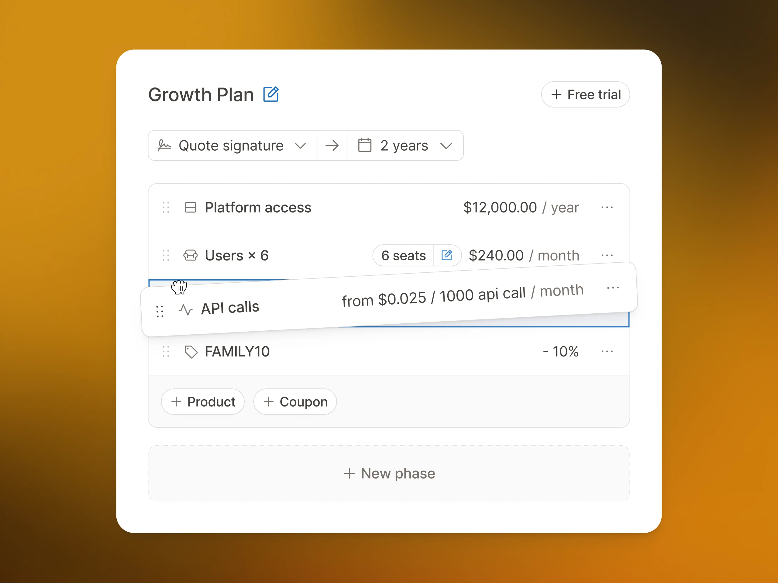 Growth Plan subscription builder with platform access, seats, usage-based API calls and coupon