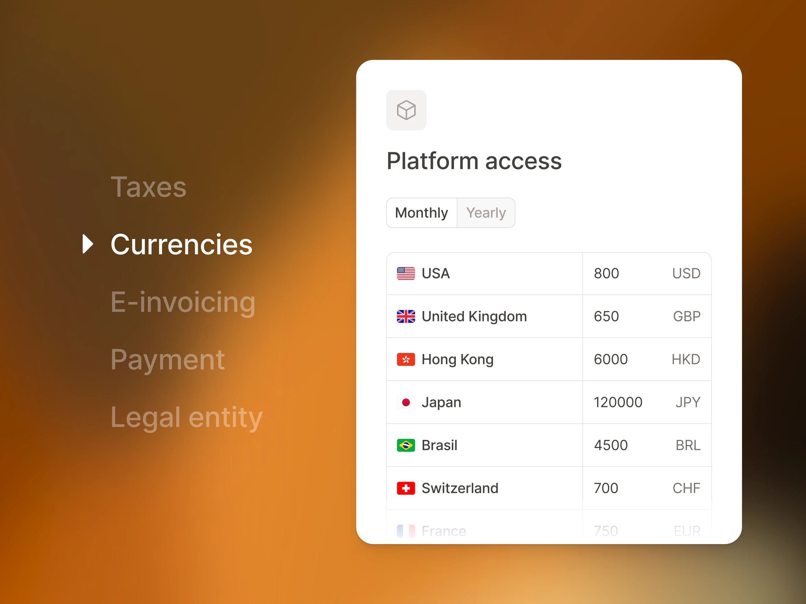 Currency settings listing per-country prices in USD, GBP, HKD, JPY, BRL and CHF