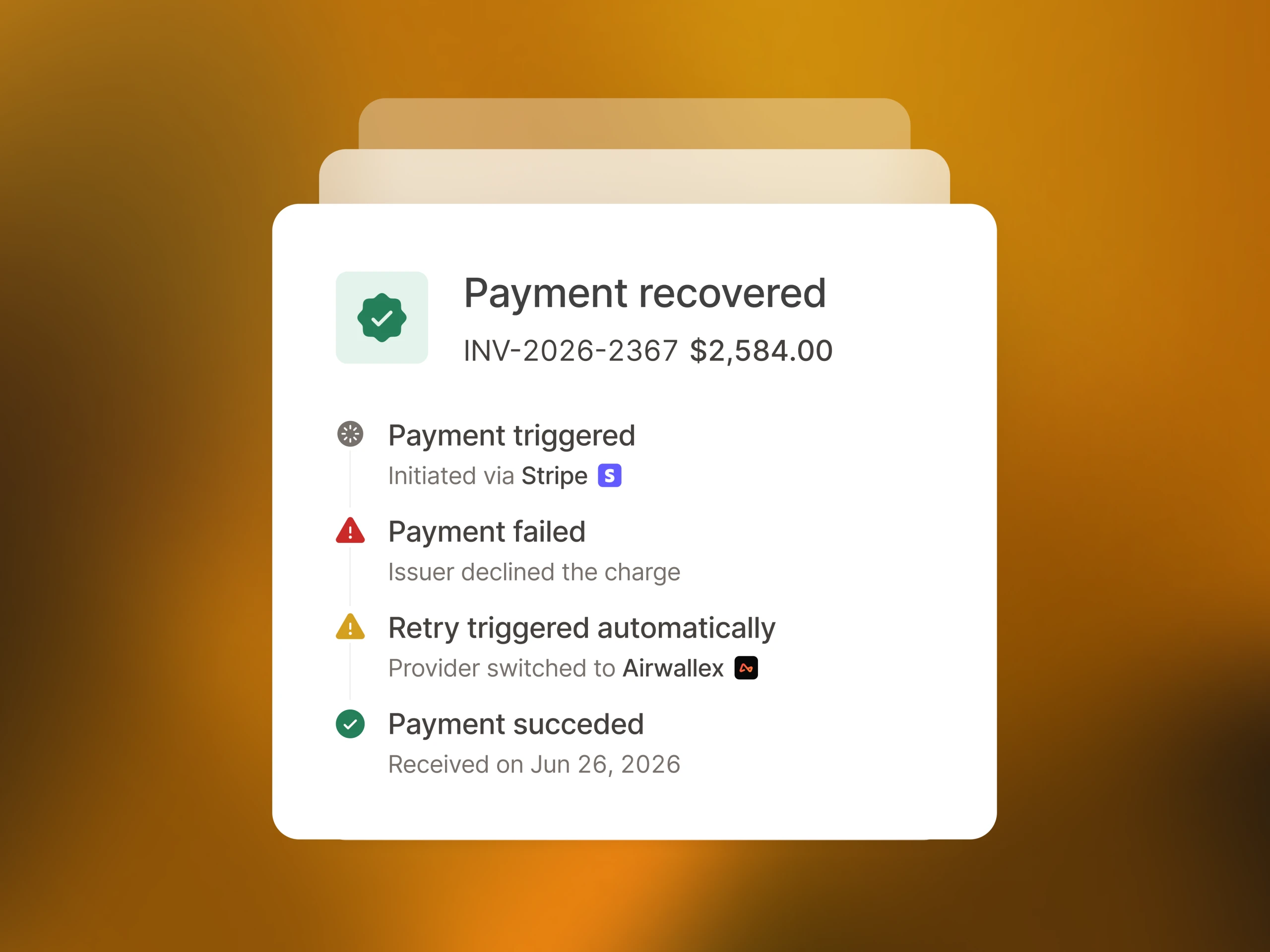 Payment recovery timeline retrying a failed Stripe charge via Airwallex until recovered