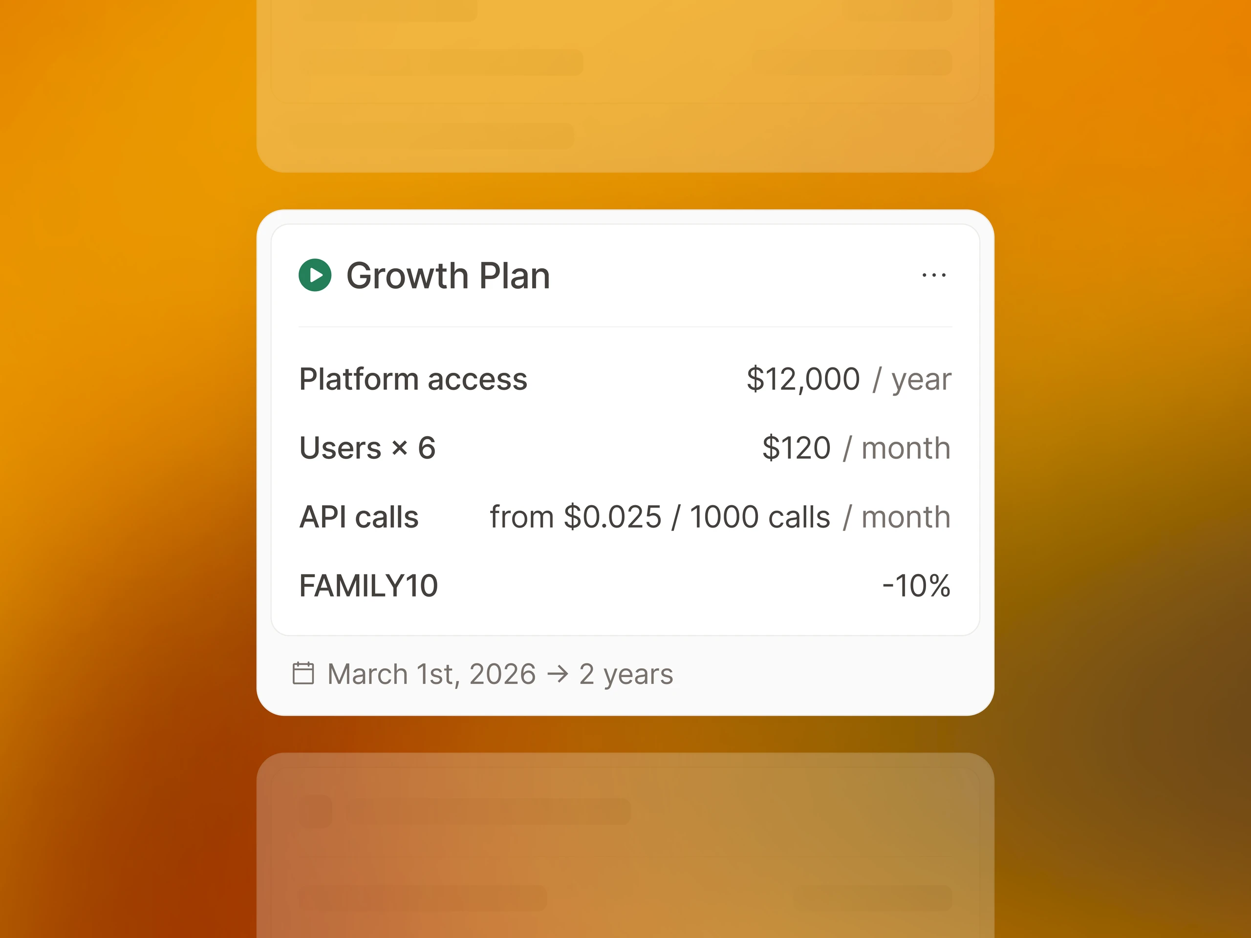 Growth Plan subscription card with platform, seat and usage pricing and a coupon