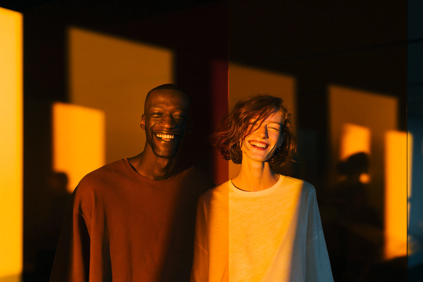 Two colleagues smiling in warm sunset light