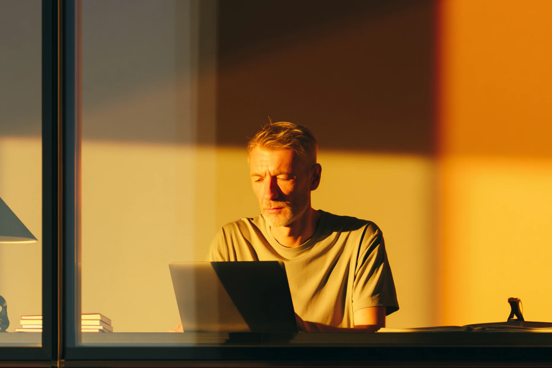 Finance professional working on a laptop in warm sunlight